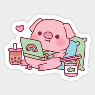 Cute Pig Chilling With Laptop Boba Tea And Instant Noodles Sticker